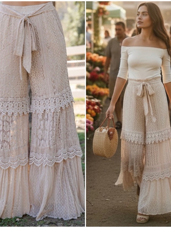 Young Threads Pants - Young Threads Stretchy Waist Tiered Lace Wide Leg Pants